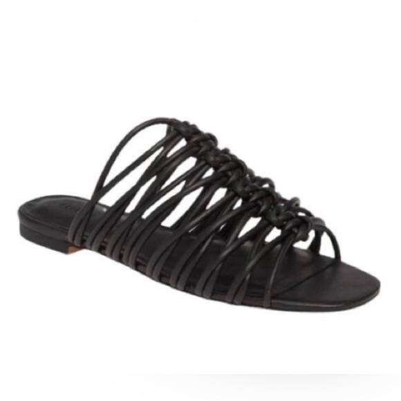 REBECCA MINKOFF MAELYNN STRAPPY FLAT SLIDE BLACK‎ LEATHER SANDALS size 5.5 - Picture 1 of 4